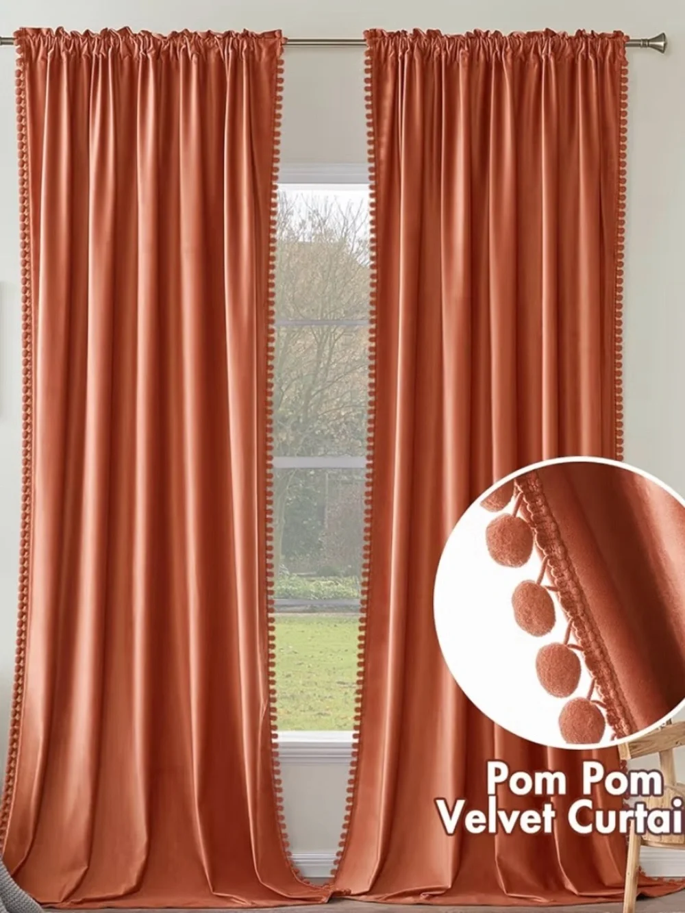 Pom Pom Velvet Black Out Curtain Panels - Rust